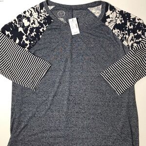 Women’s Heather Navy Raglan Sleeve Top with Floral & Stripe Accents